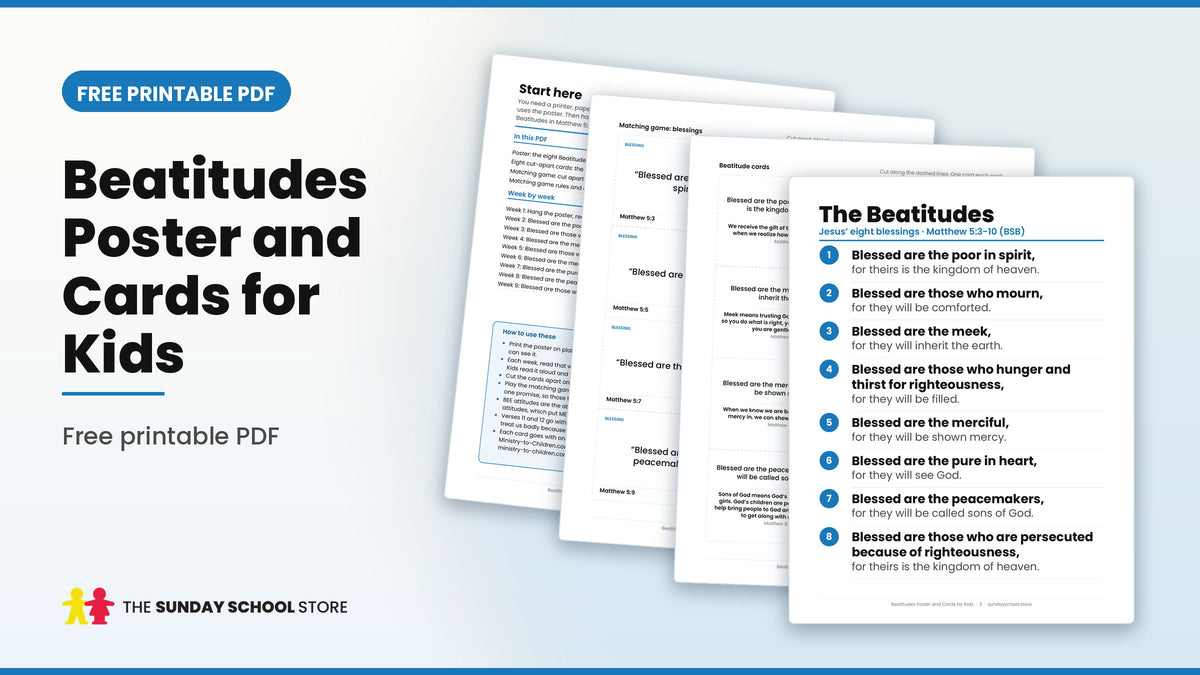 Beatitudes poster and cards for kids free printable PDF, showing the Beatitudes poster, the cut-apart cards and the matching game pages