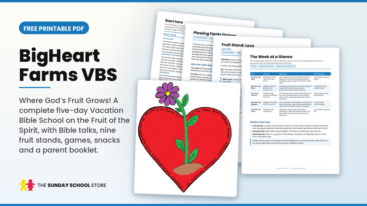 BigHeart Farms VBS free Fruit of the Spirit Vacation Bible School curriculum PDF with the heart and flower theme art and sample pages