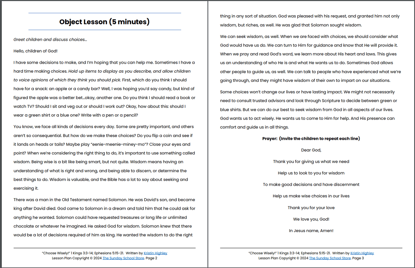 Choose Wisely! 1 Kings 3:3-14; Ephesians 5:15-21 Sunday School Lesson & Activities for Kids PDF