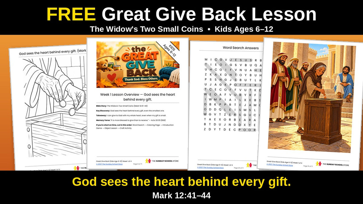Free Sunday School lesson on giving for kids: Great Give Back Week 1, the widow's two small coins (Mark 12:41-44)