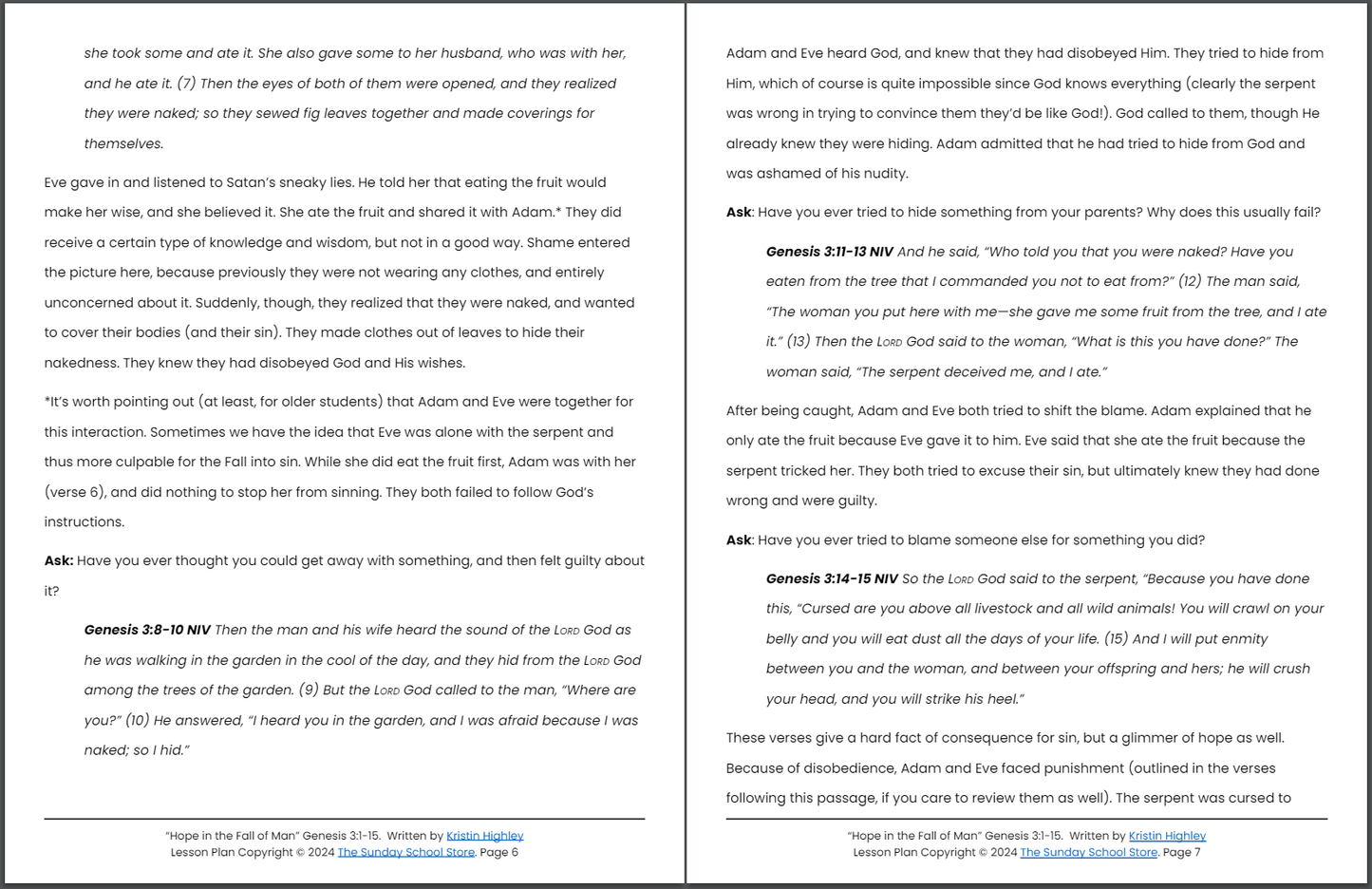 Hope in the Fall of Man (Genesis 3:1-15) Sunday School Lesson & Activities for Kids PDF
