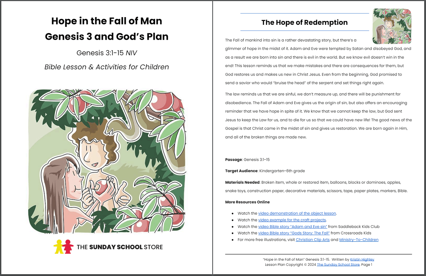 Hope in the Fall of Man (Genesis 3:1-15) Sunday School Lesson & Activities for Kids PDF