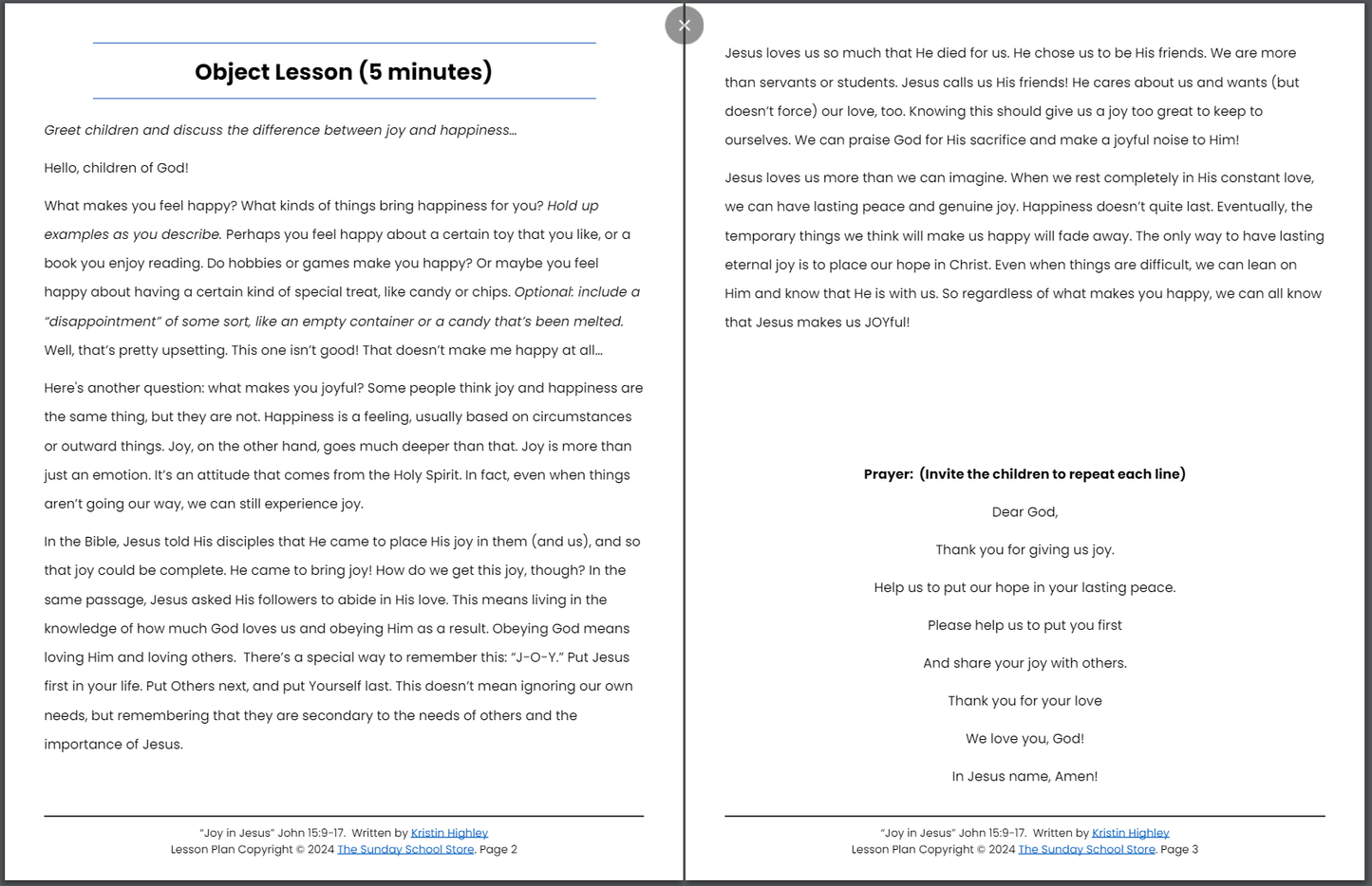 Joy in Jesus (John 15:9-17) Kids' Bible Lesson & Sunday School Activities PDF