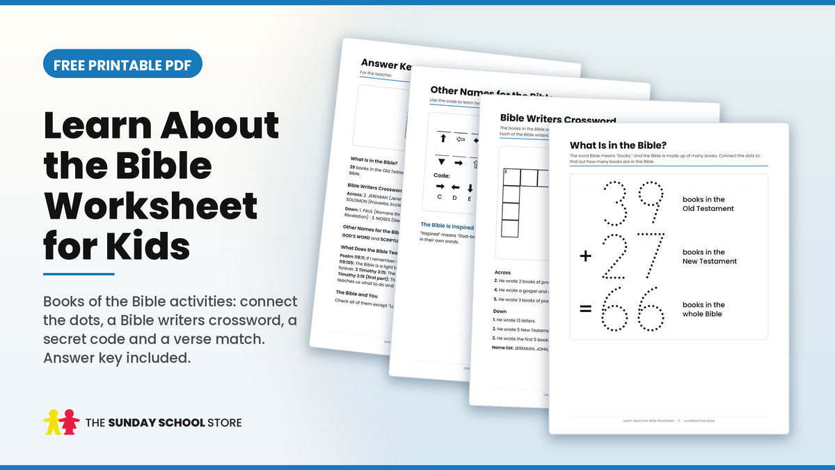 Learn about the Bible worksheet for kids: books of the Bible dot-to-dot, crossword and code pages
