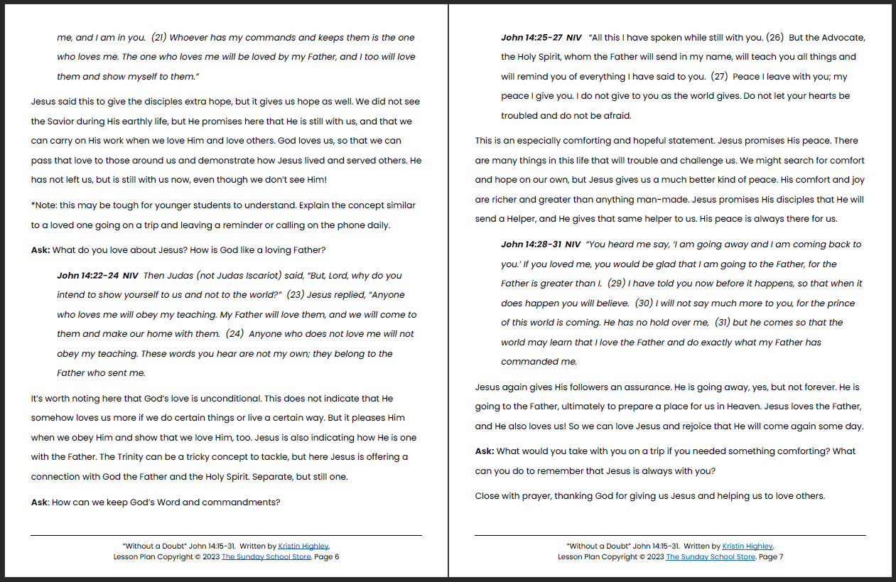 Evidence of Christ Within (John 14:15-31) Printable Bible Lesson & Sunday School Activities