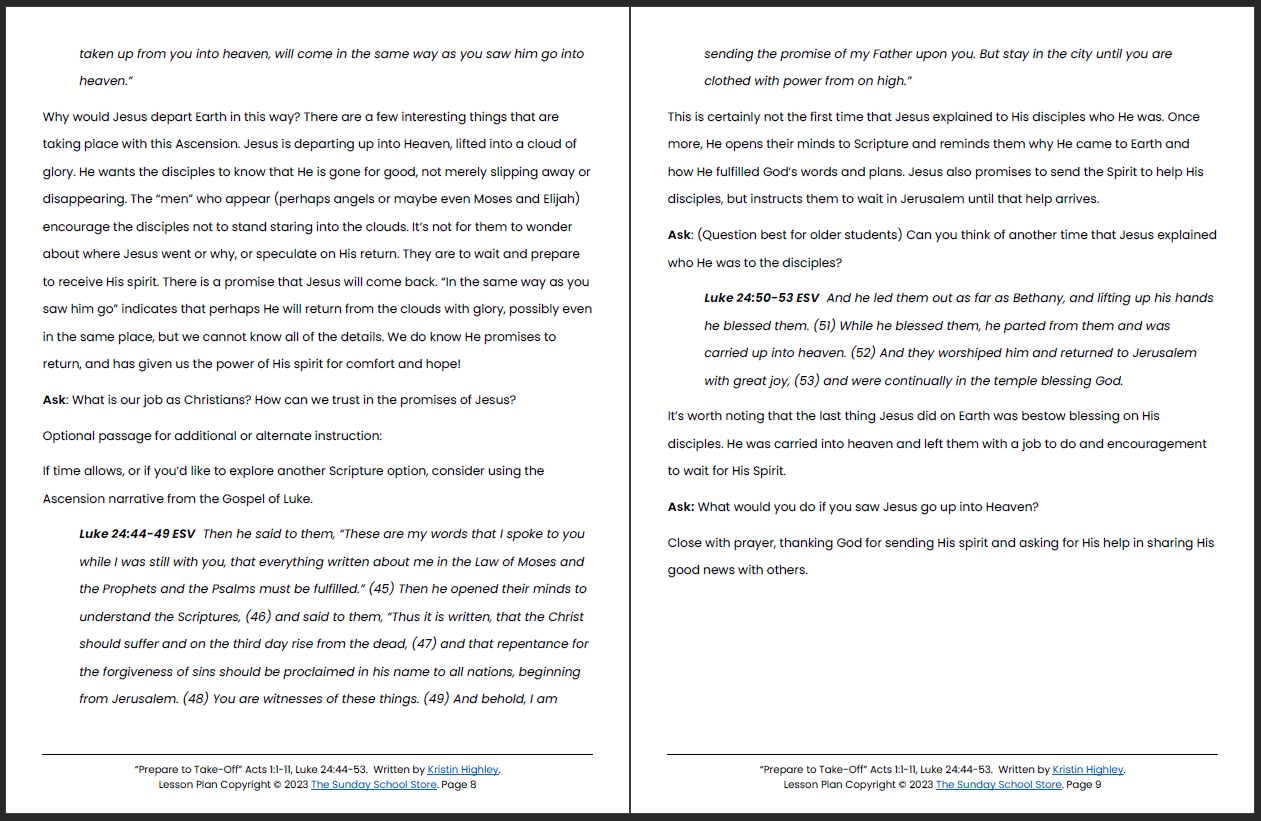 The Ascension of Jesus (Acts 1:1-11 & Luke 24:44-53) Printable Bible Lesson & Sunday School Activities