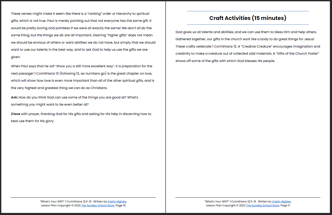 What’s Your Spiritual Gift? (1 Corinthians 12:3-31) Printable Bible Lesson & Sunday School Activities