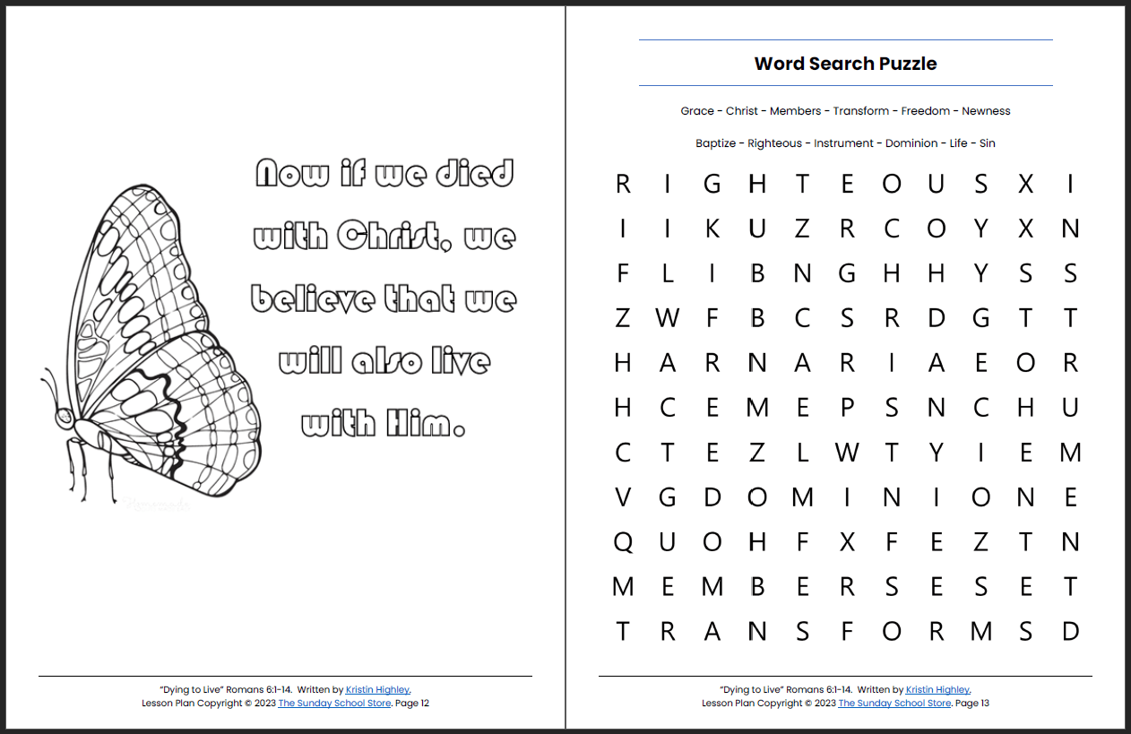 Dying to Sin but Alive in Christ (Romans 6:1-14) Printable Bible Lesson & Sunday School Activities