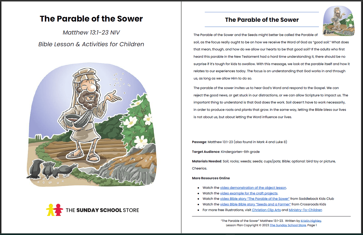 The Parable of the Sower (Matthew 13:1-13) Printable Bible Lesson & Sunday School Activities