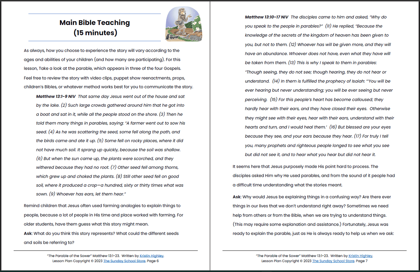 The Parable of the Sower (Matthew 13:1-13) Printable Bible Lesson & Sunday School Activities