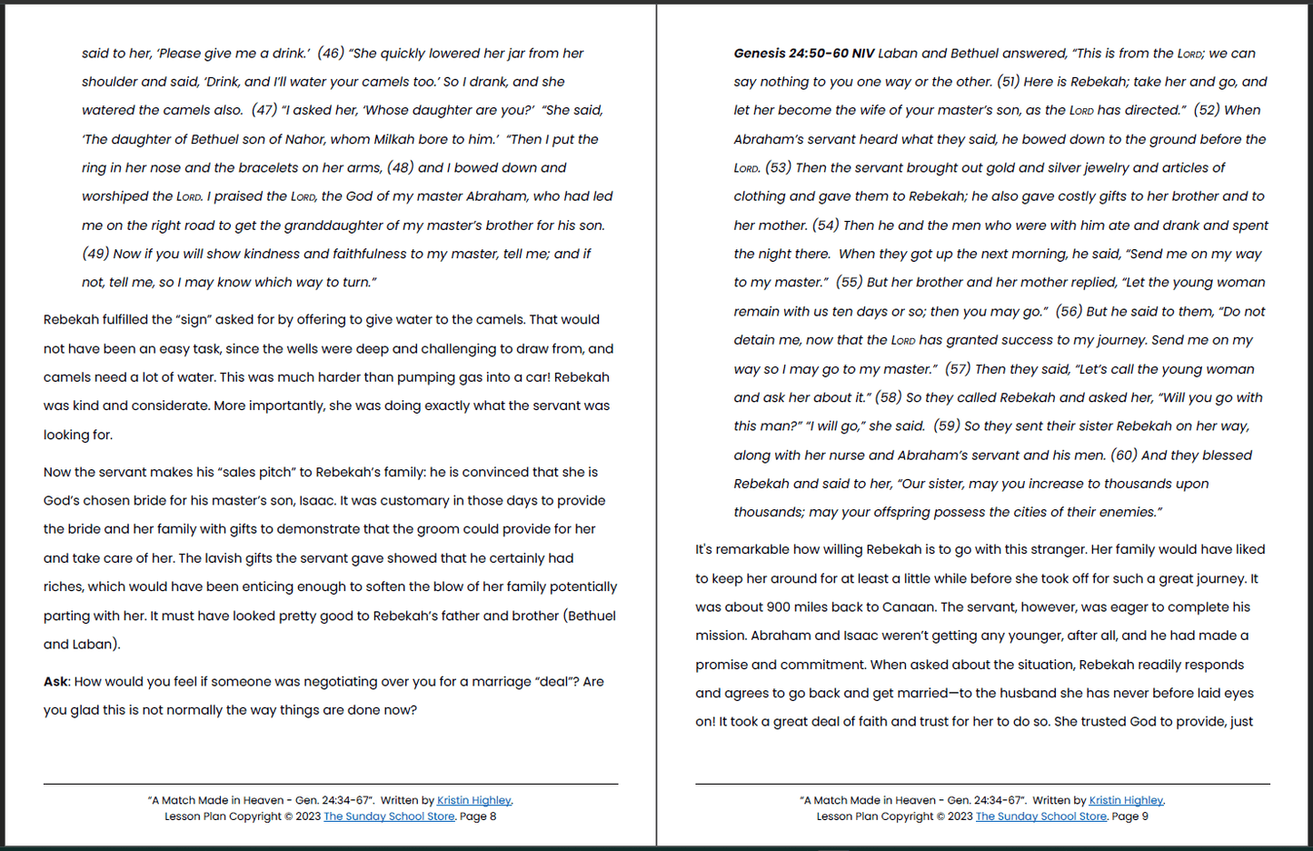 Isaac and Rebekah (Genesis 24) Printable Bible Lesson & Sunday School Activities
