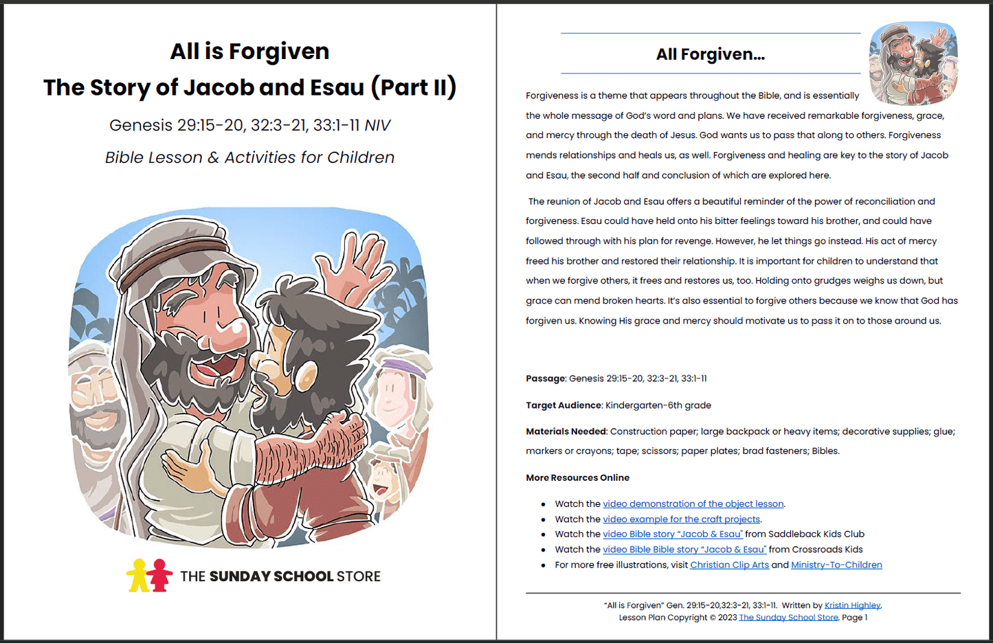 Esau Forgives Jacob (Genesis 29, 33) Printable Bible Lesson & Sunday School Activities