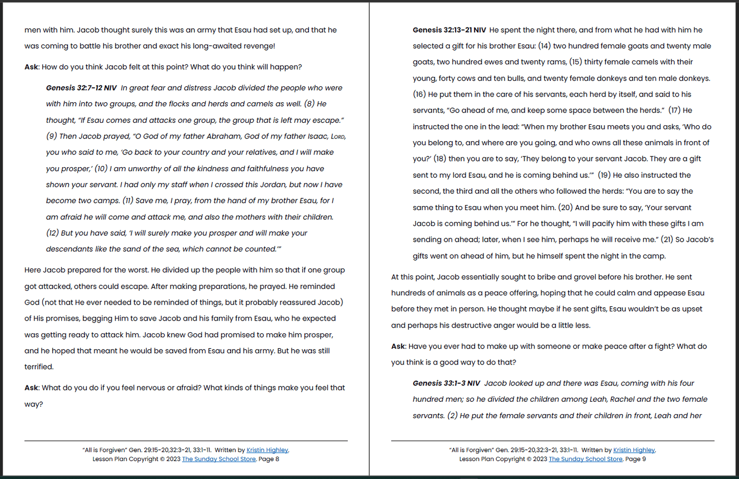 Esau Forgives Jacob (Genesis 29, 33) Printable Bible Lesson & Sunday School Activities