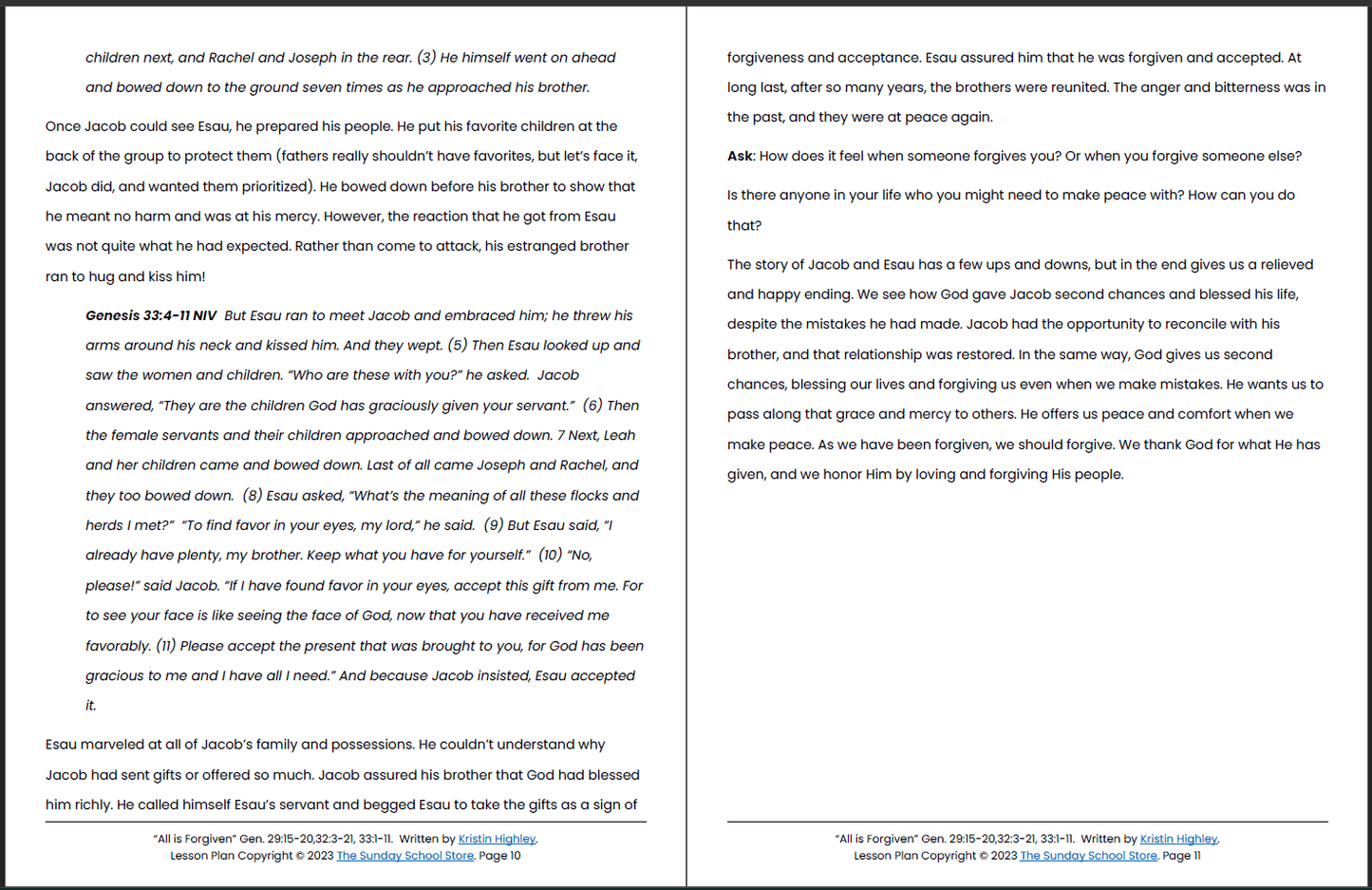 Esau Forgives Jacob (Genesis 29, 33) Printable Bible Lesson & Sunday School Activities