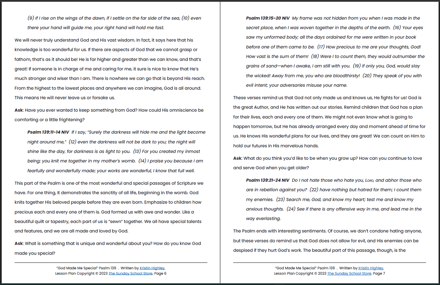 God Made Me Special (Psalm 139) Printable Bible Lesson & Sunday School Activities