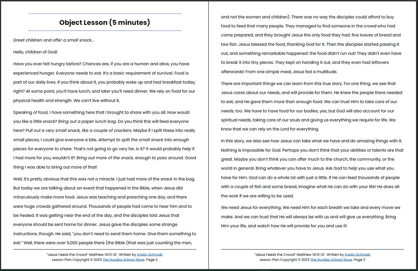 Jesus Feeds the Five Thousand (Matthew 14:13-21) Printable Bible Lesson & Sunday School Activities