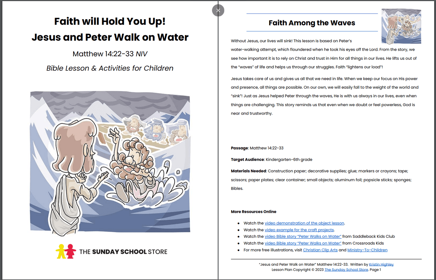 Jesus and Peter Walk on Water (Matthew 14:22-33) Printable Bible Lesson & Sunday School Activities