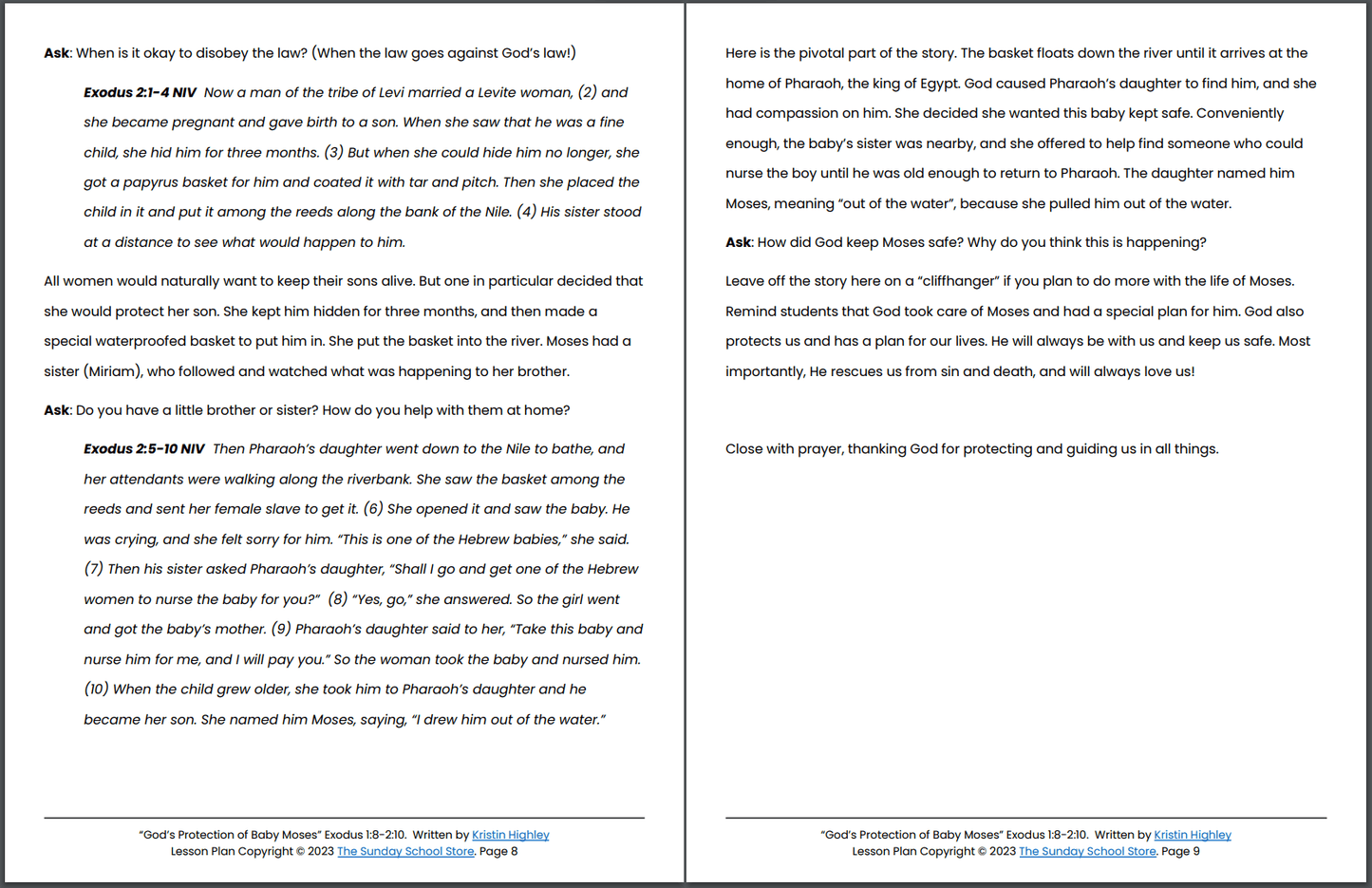 God's Protection of Baby Moses (Exodus 1:8-2:10) Printable Bible Lesson & Sunday School Activities