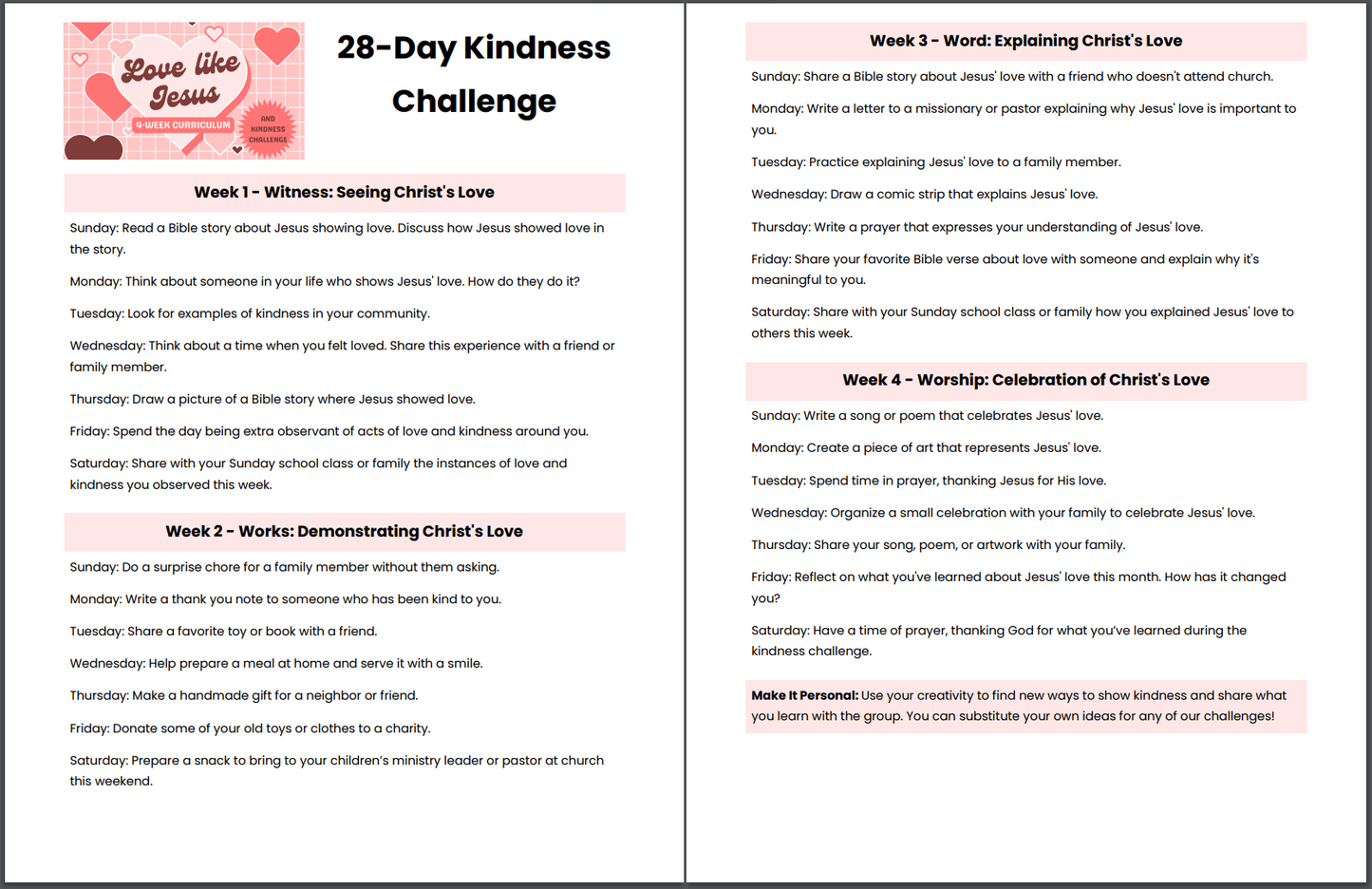 Love Like Jesus 💖 4-Lesson Sunday School Curriculum for Kids & 28-Day Kindness Challenge