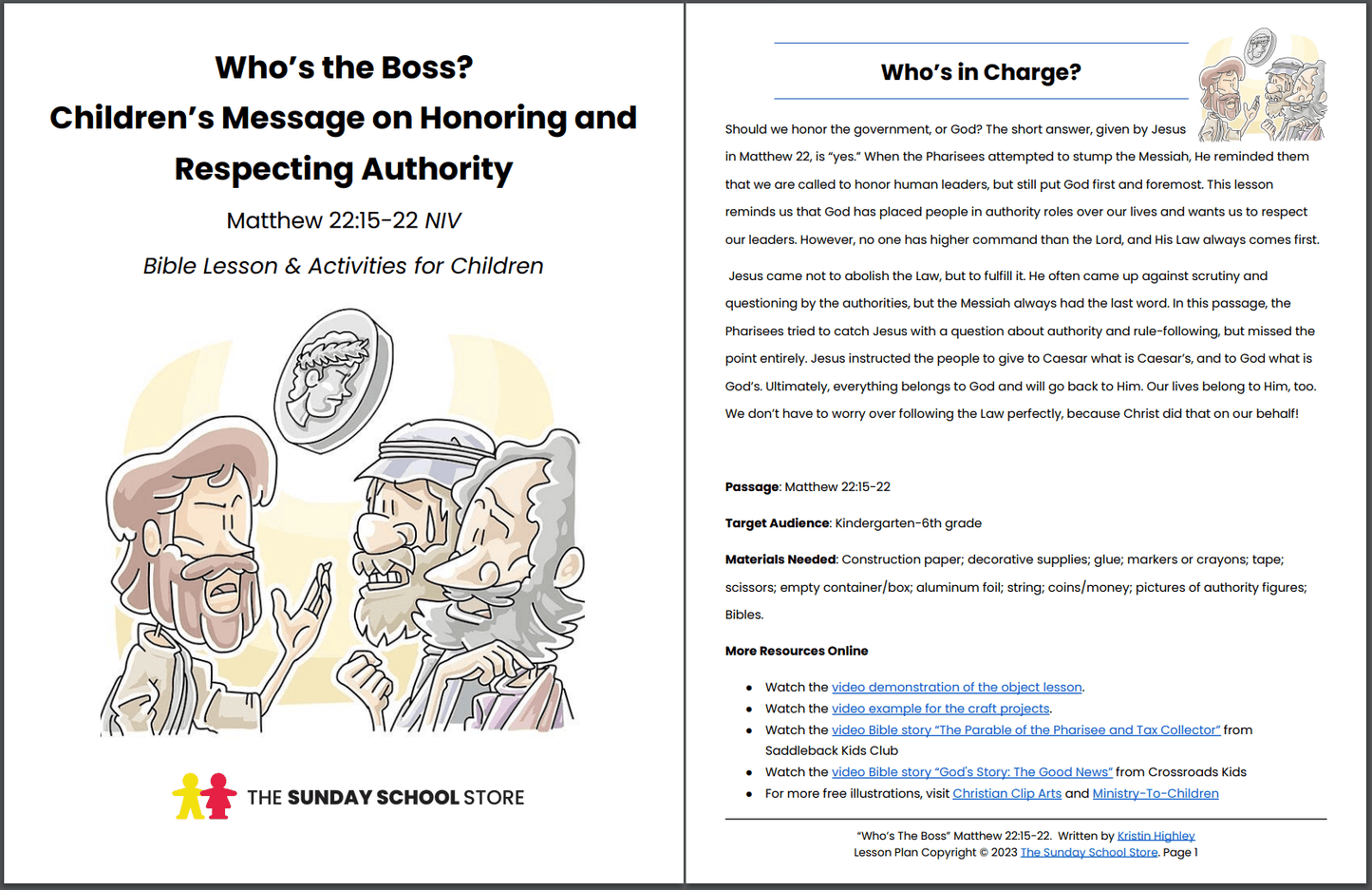 Render Unto Caesar (Matthew 22:15-22) Printable Bible Lesson & Sunday School Activities
