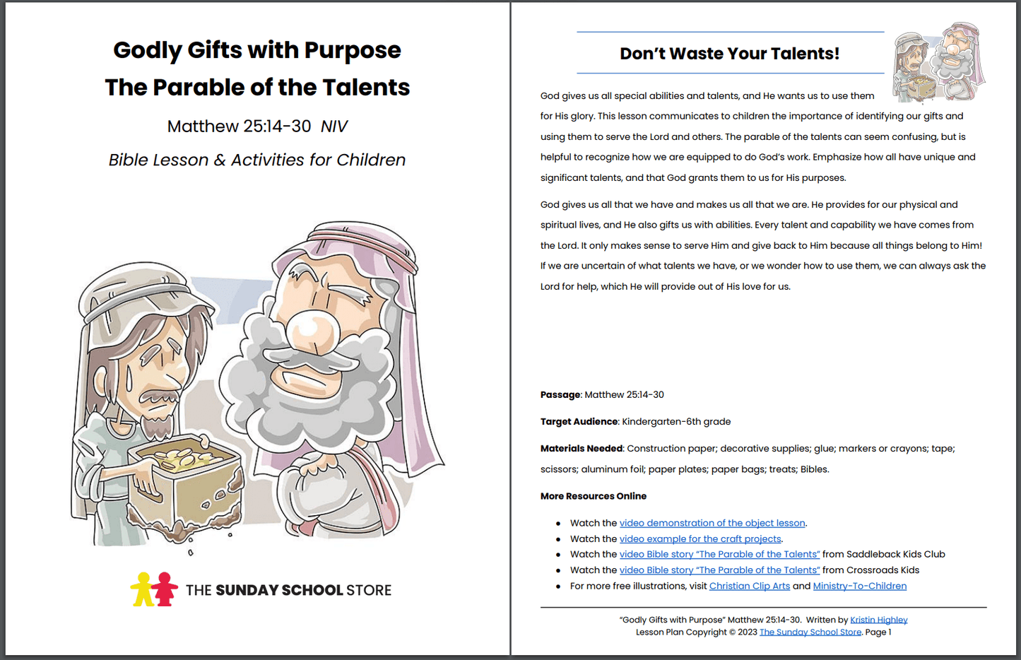 Parable of the Talents (Matthew 25:14-30) Printable Bible Lesson & Sunday School Activities