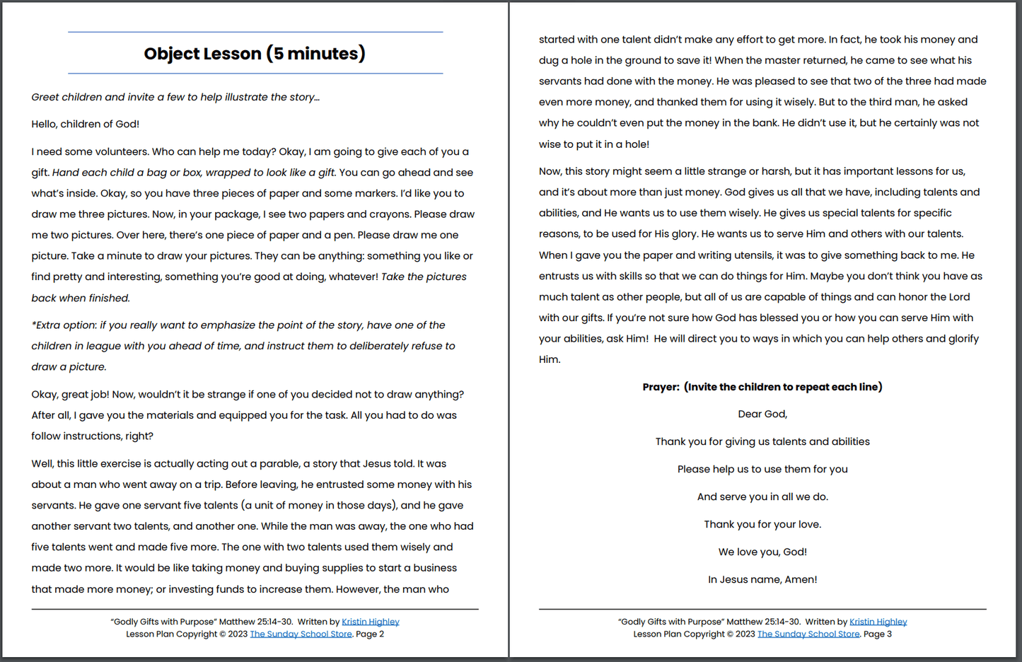 Parable of the Talents (Matthew 25:14-30) Printable Bible Lesson & Sunday School Activities