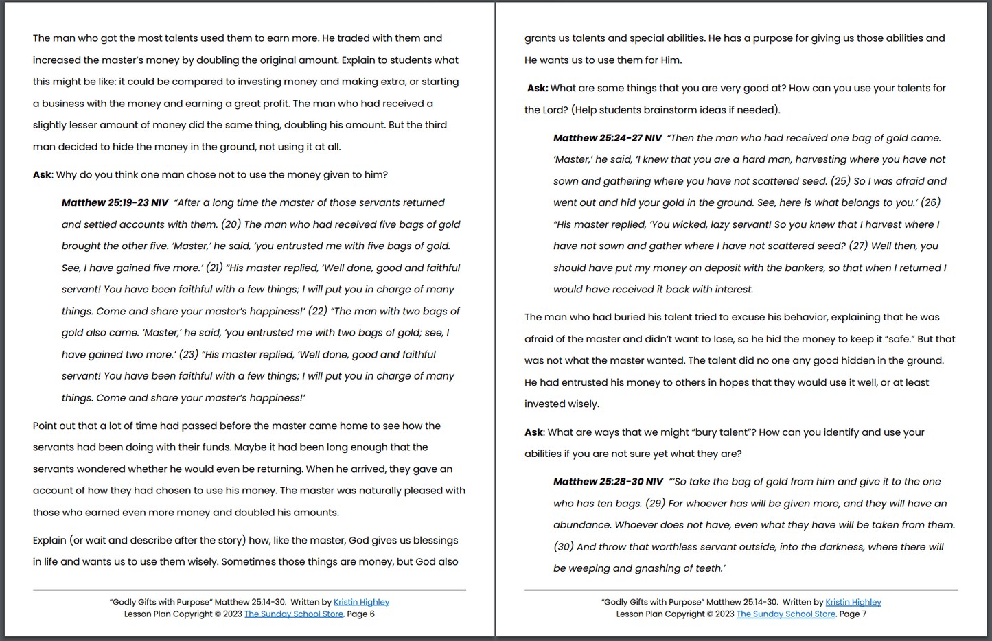 Parable of the Talents (Matthew 25:14-30) Printable Bible Lesson & Sunday School Activities