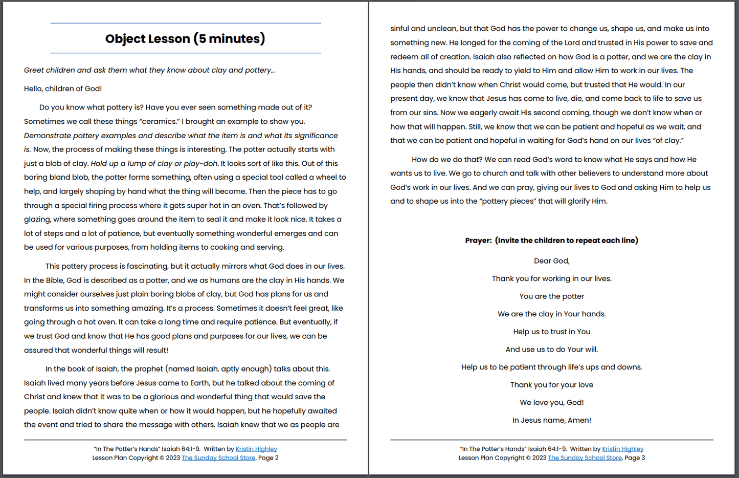 In the Potter's Hands (Isaiah 64:1-9) Printable Bible Lesson & Sunday School Activities