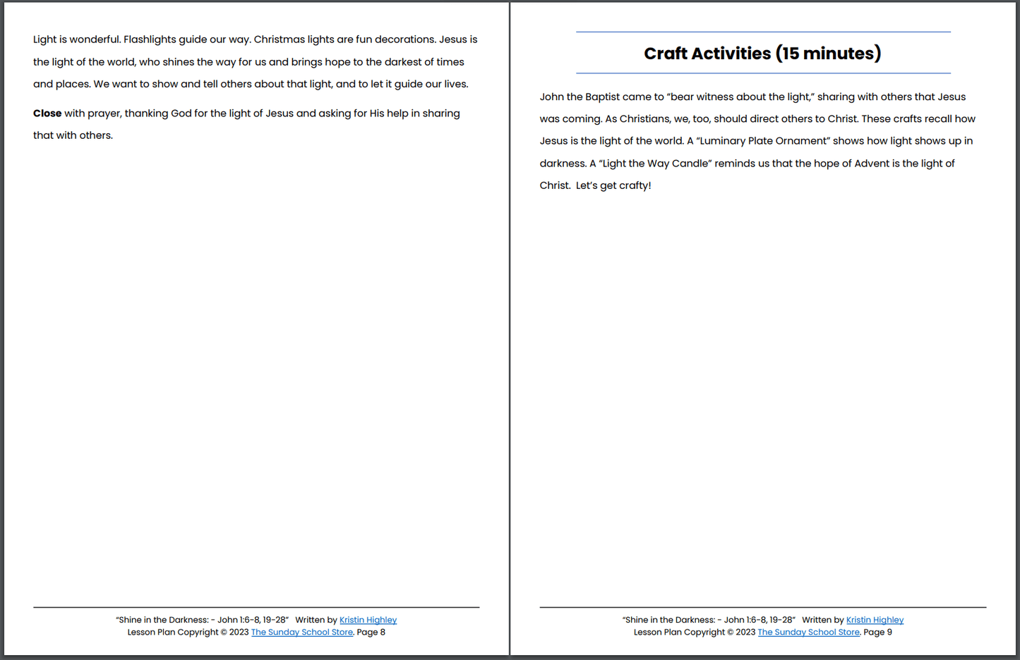 Shine in the Darkness (John 1:6-8, 19-28) Printable Bible Lesson & Sunday School Activities