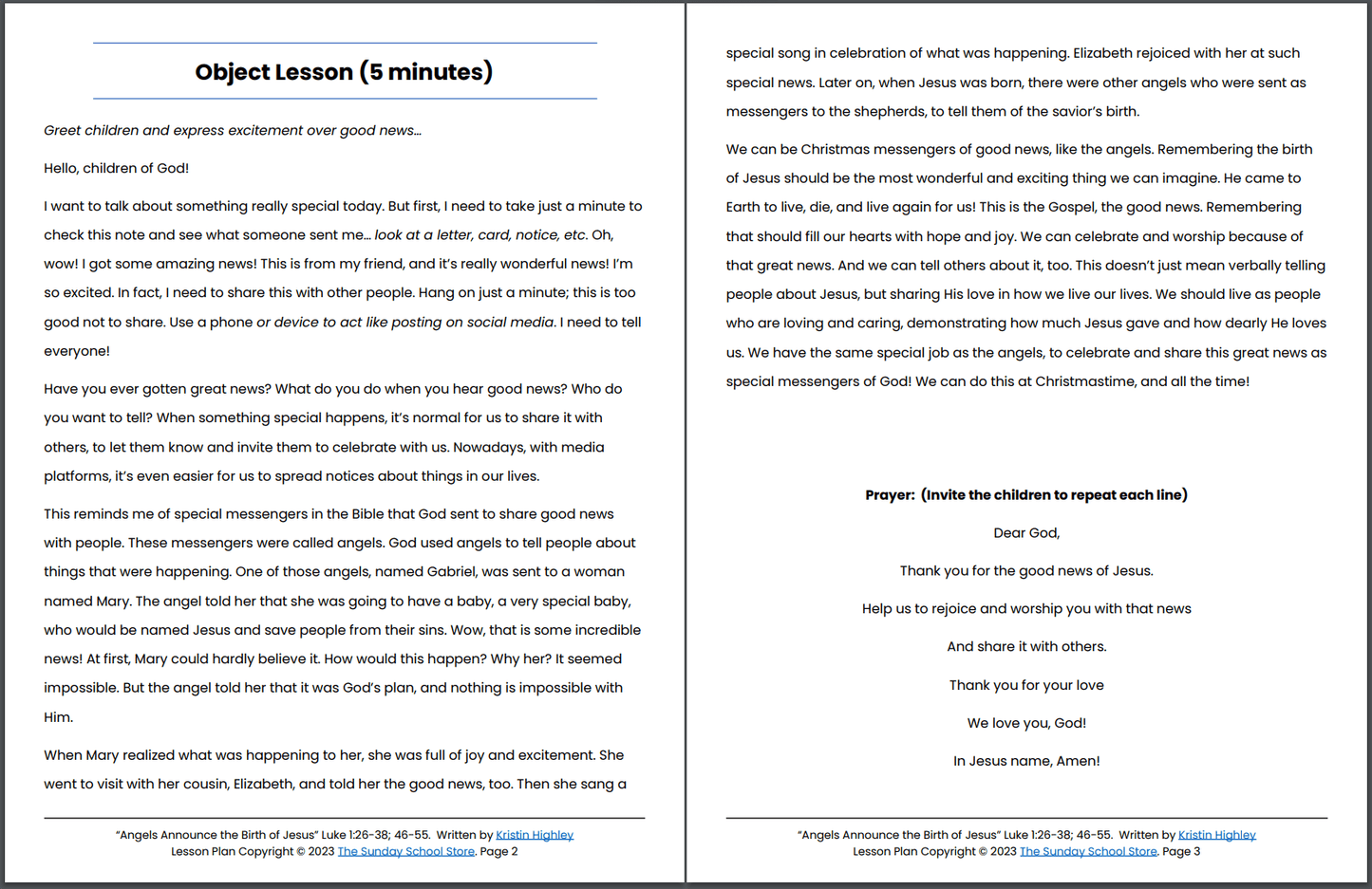 Angels Announce the Birth of Jesus (Luke 1:26-38; 46-55) Printable Bible Lesson & Sunday School Activities