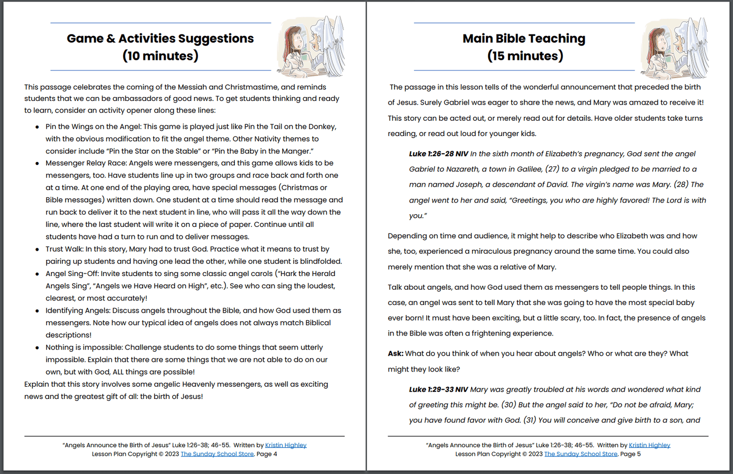 Angels Announce the Birth of Jesus (Luke 1:26-38; 46-55) Printable Bible Lesson & Sunday School Activities
