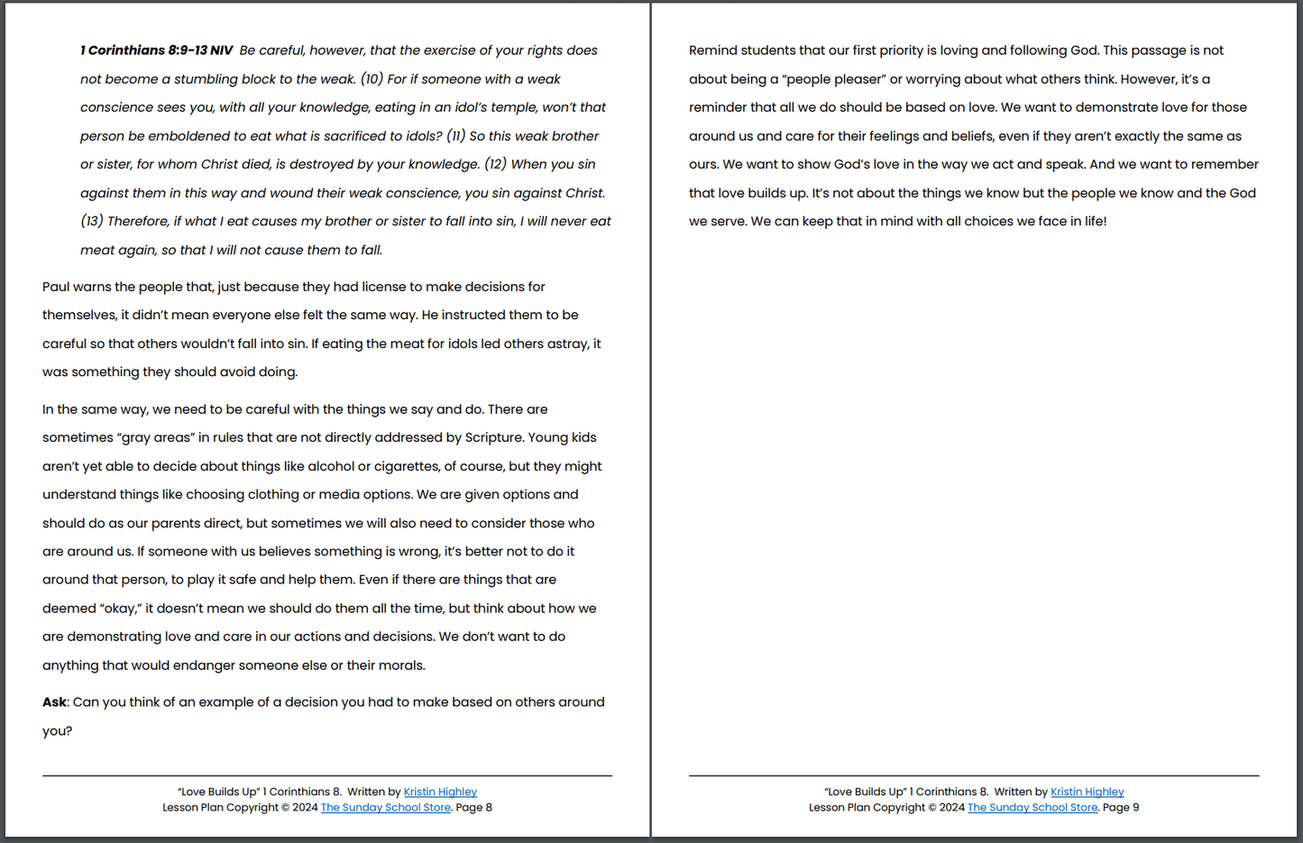Love Builds Up (1 Corinthians 8:1-13) Printable Bible Lesson & Sunday School Activities
