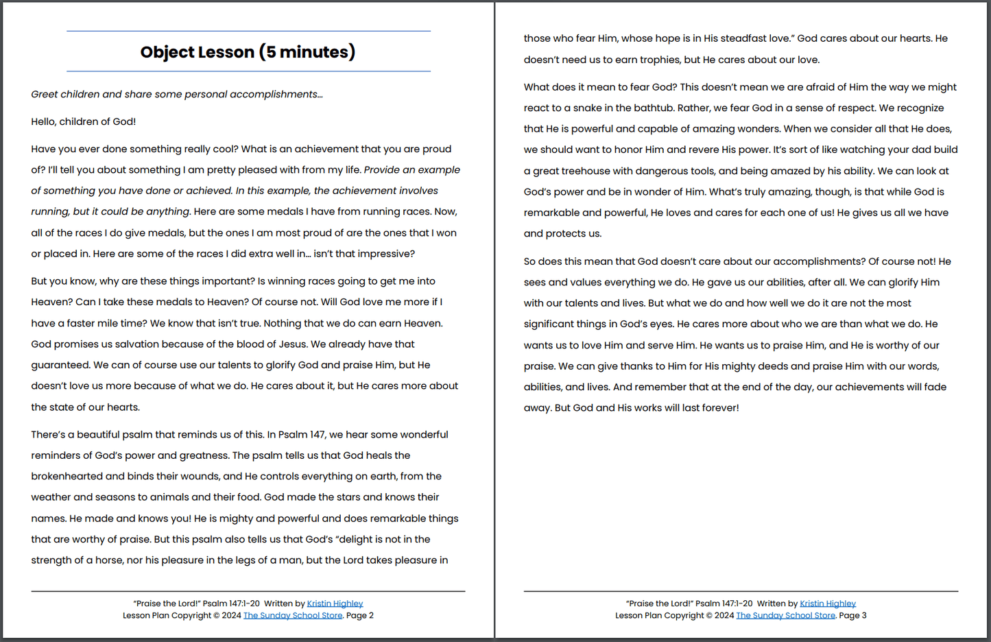 Praise the Lord! (Psalm 147:1-20) Printable Bible Lesson & Sunday School Activities PDF