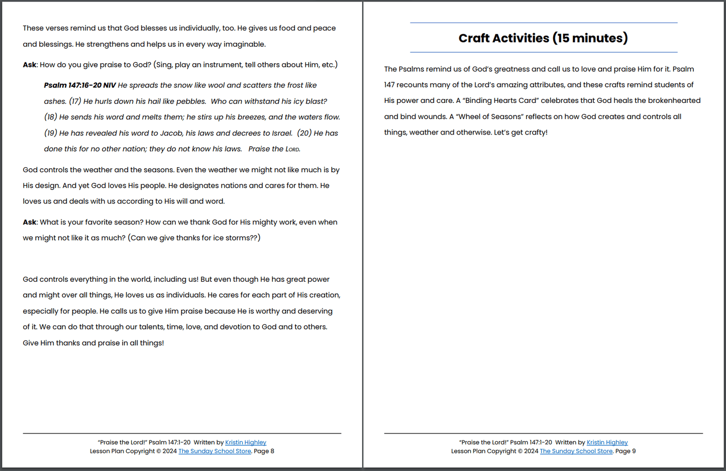 Praise the Lord! (Psalm 147:1-20) Printable Bible Lesson & Sunday School Activities PDF