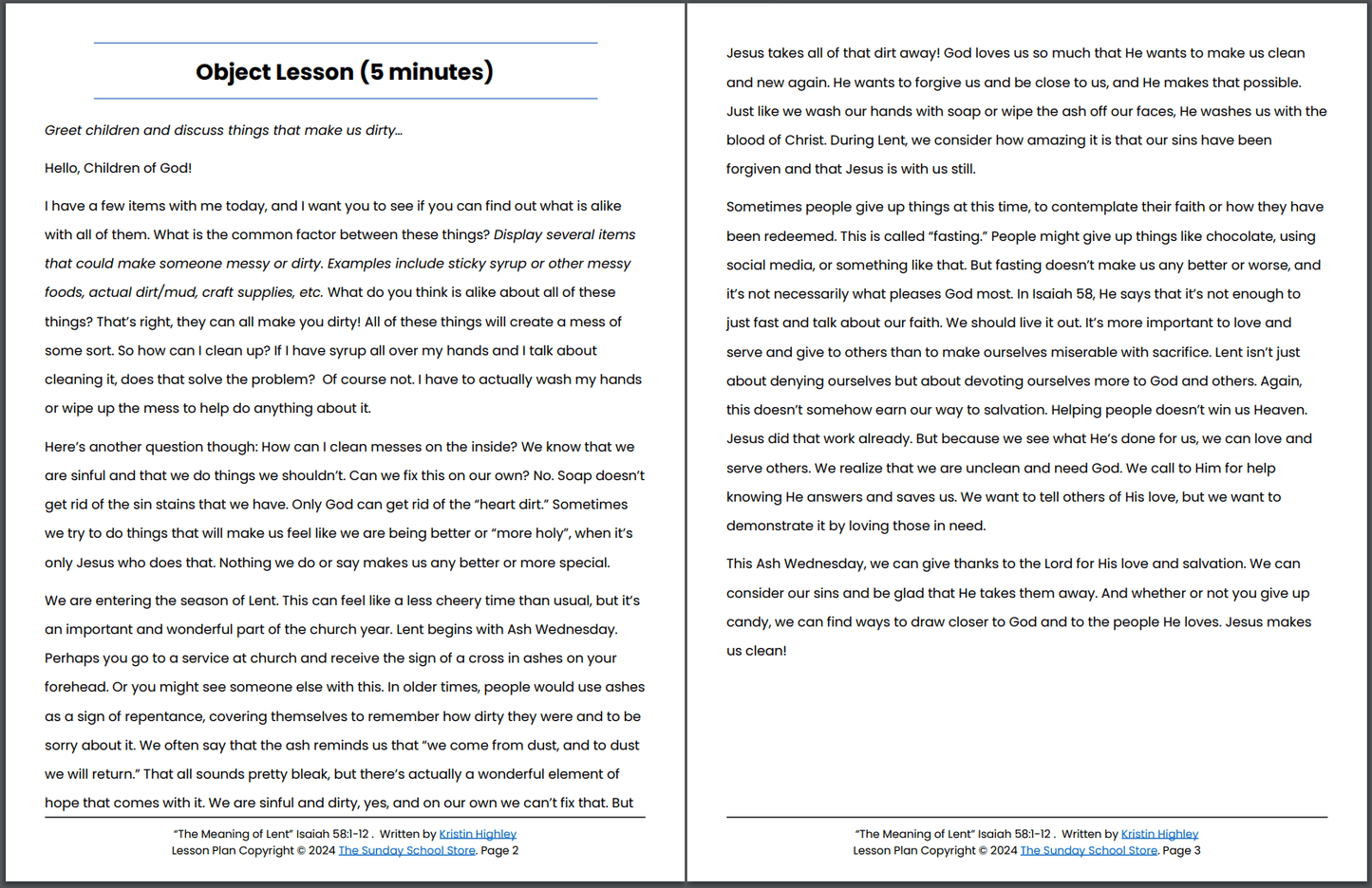 The Meaning of Lent (Isaiah 58:1-12) Printable Bible Lesson & Sunday School Activities PDF