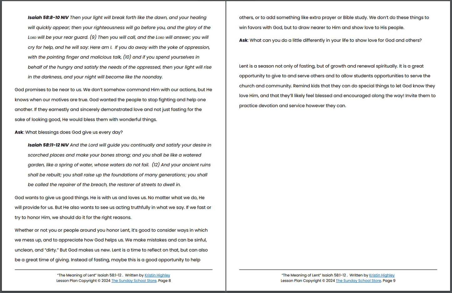 The Meaning of Lent (Isaiah 58:1-12) Printable Bible Lesson & Sunday School Activities PDF