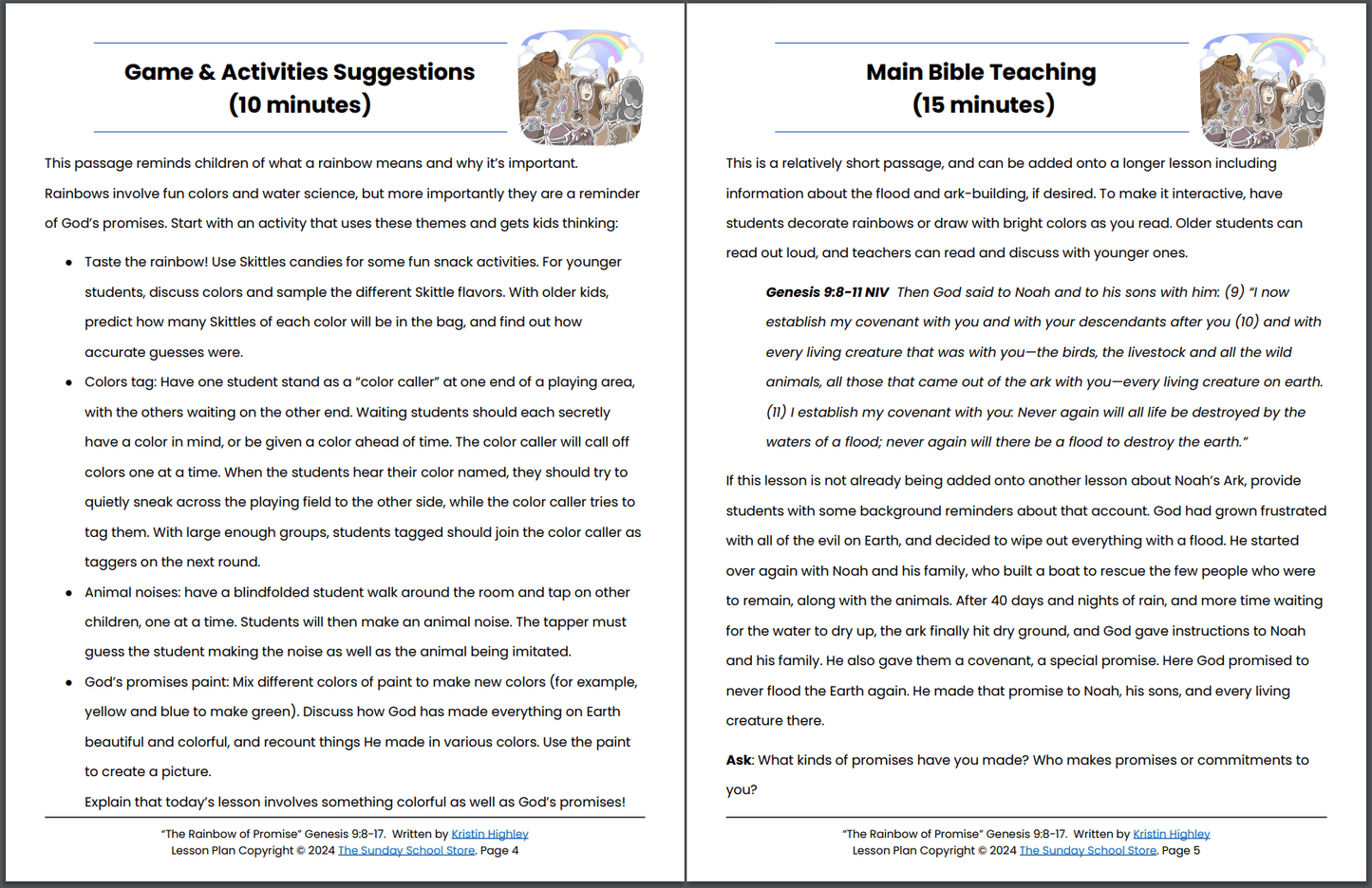 God's Rainbow of Promise to Noah (Genesis 9:8-17) Printable Bible Lesson & Sunday School Activities PDF