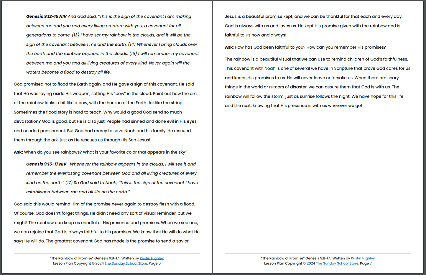 God's Rainbow of Promise to Noah (Genesis 9:8-17) Printable Bible Lesson & Sunday School Activities PDF