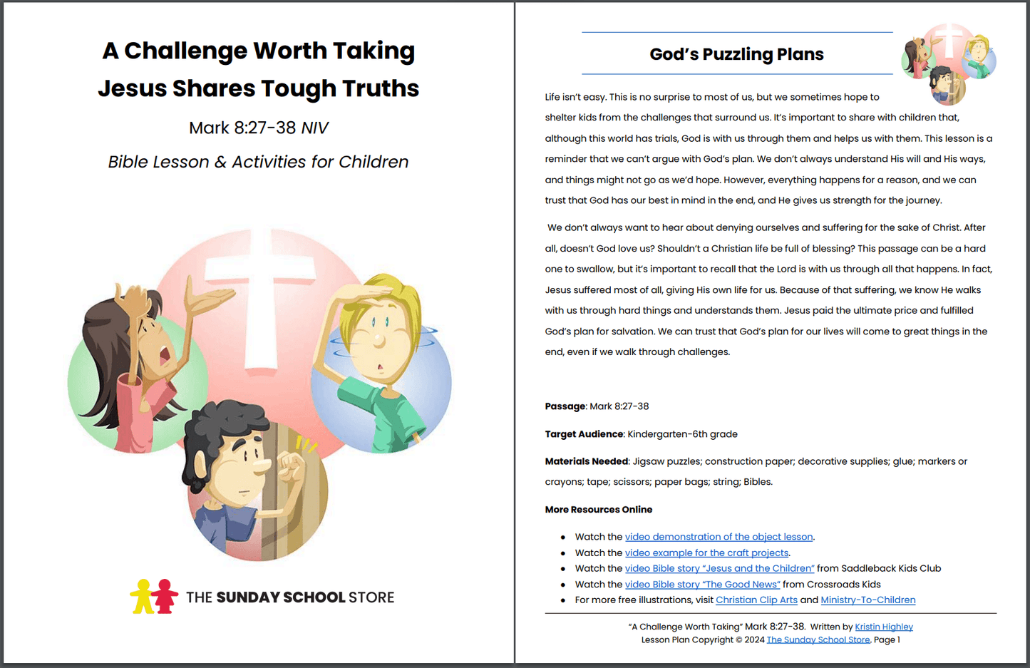 Take Up Your Cross and Follow Me (Mark 8:27-38) Printable Bible Lesson & Sunday School Activities PDF