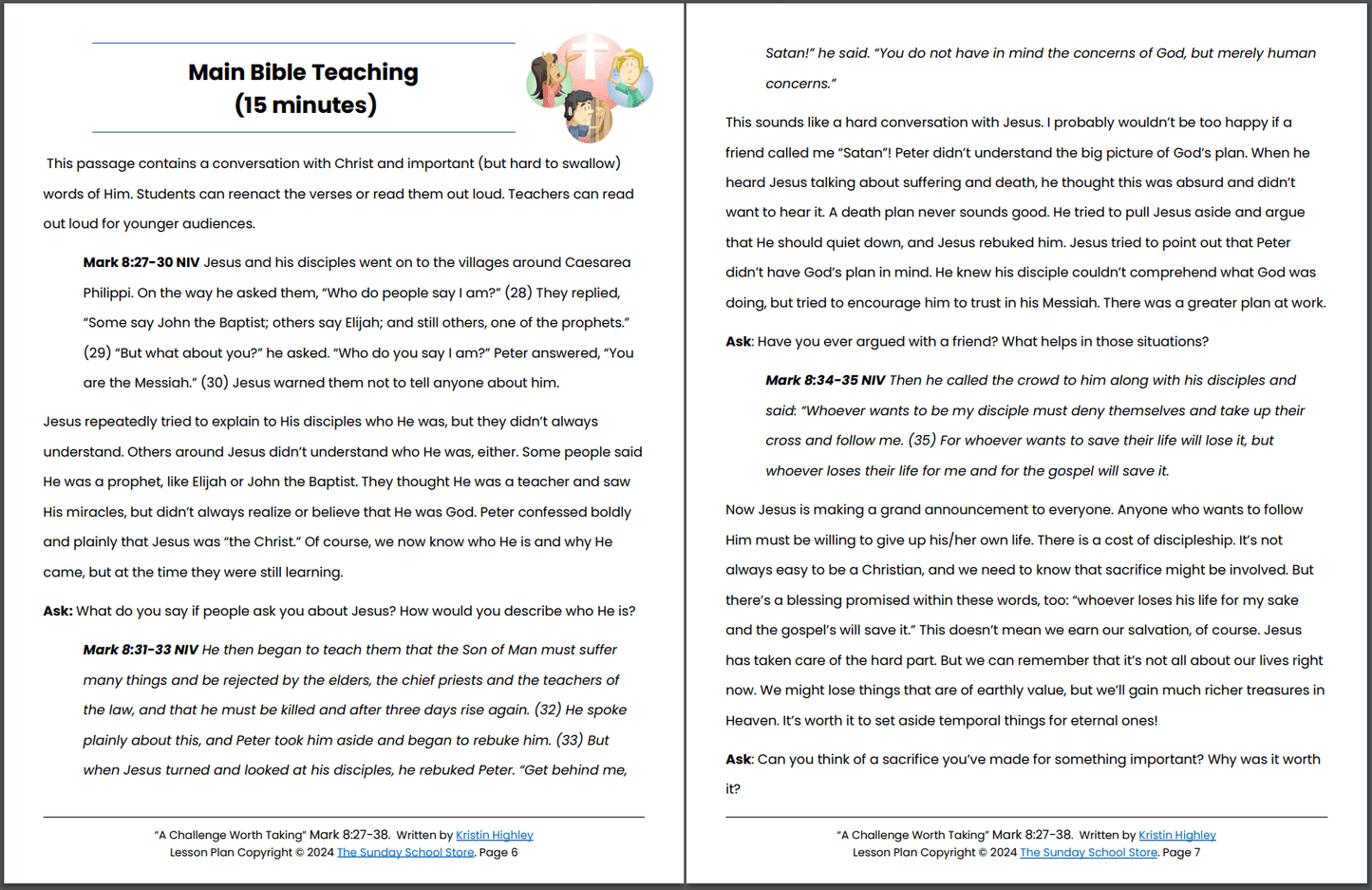 Take Up Your Cross and Follow Me (Mark 8:27-38) Printable Bible Lesson & Sunday School Activities PDF