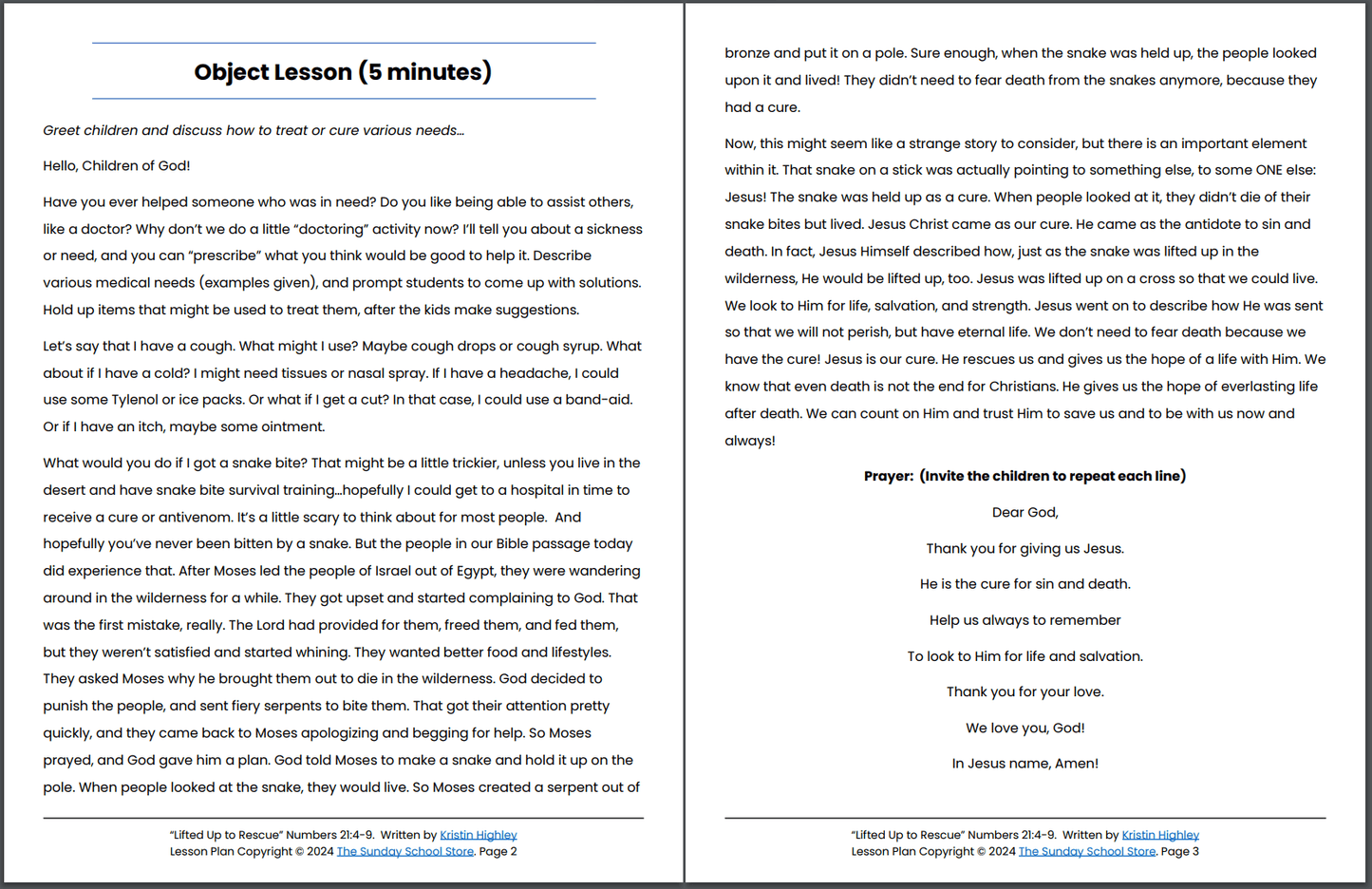 The Bronze Snake Lifted Up (Numbers 21:4-9) Printable Bible Lesson & Sunday School Activities PDF