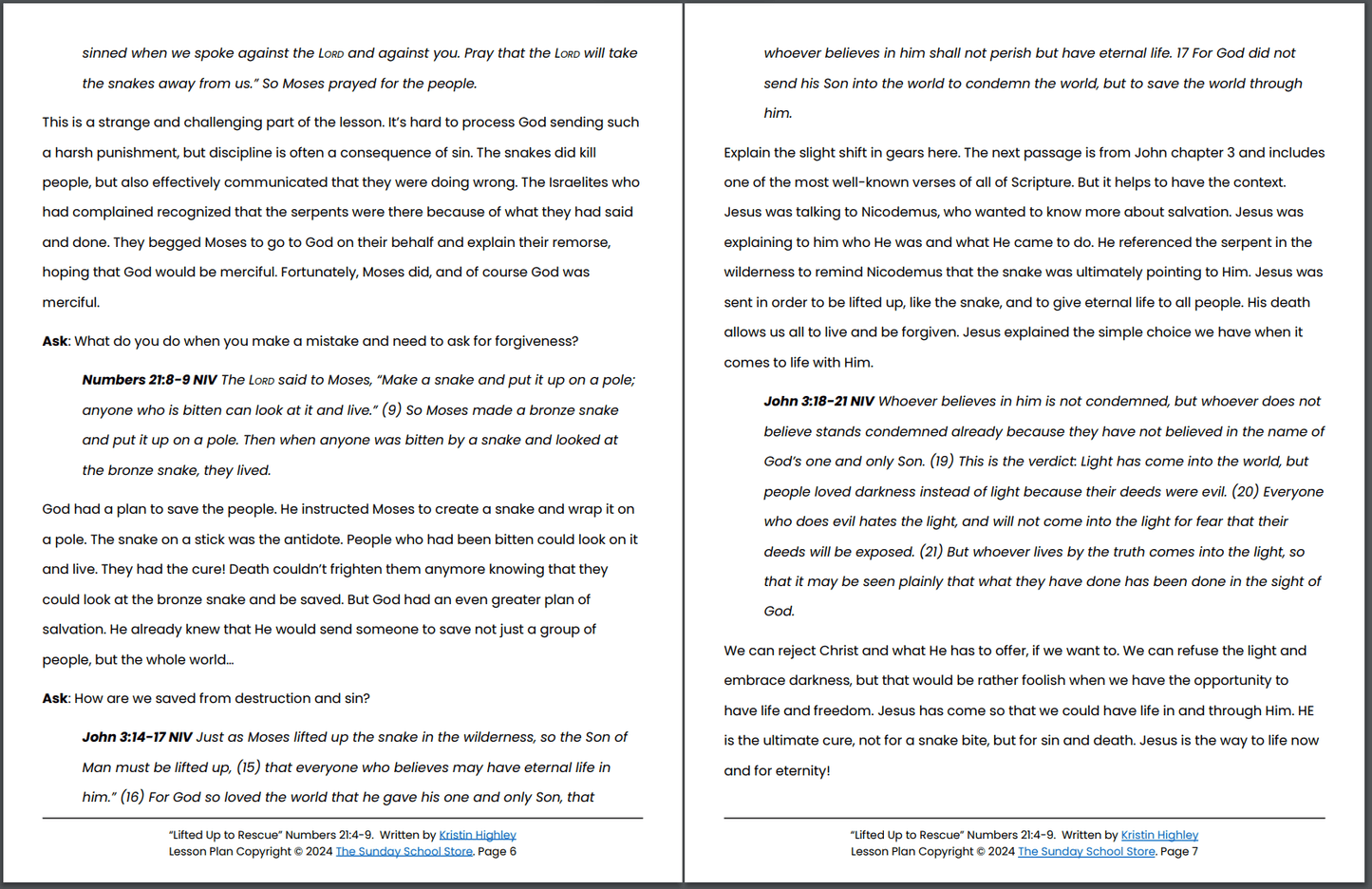 The Bronze Snake Lifted Up (Numbers 21:4-9) Printable Bible Lesson & Sunday School Activities PDF