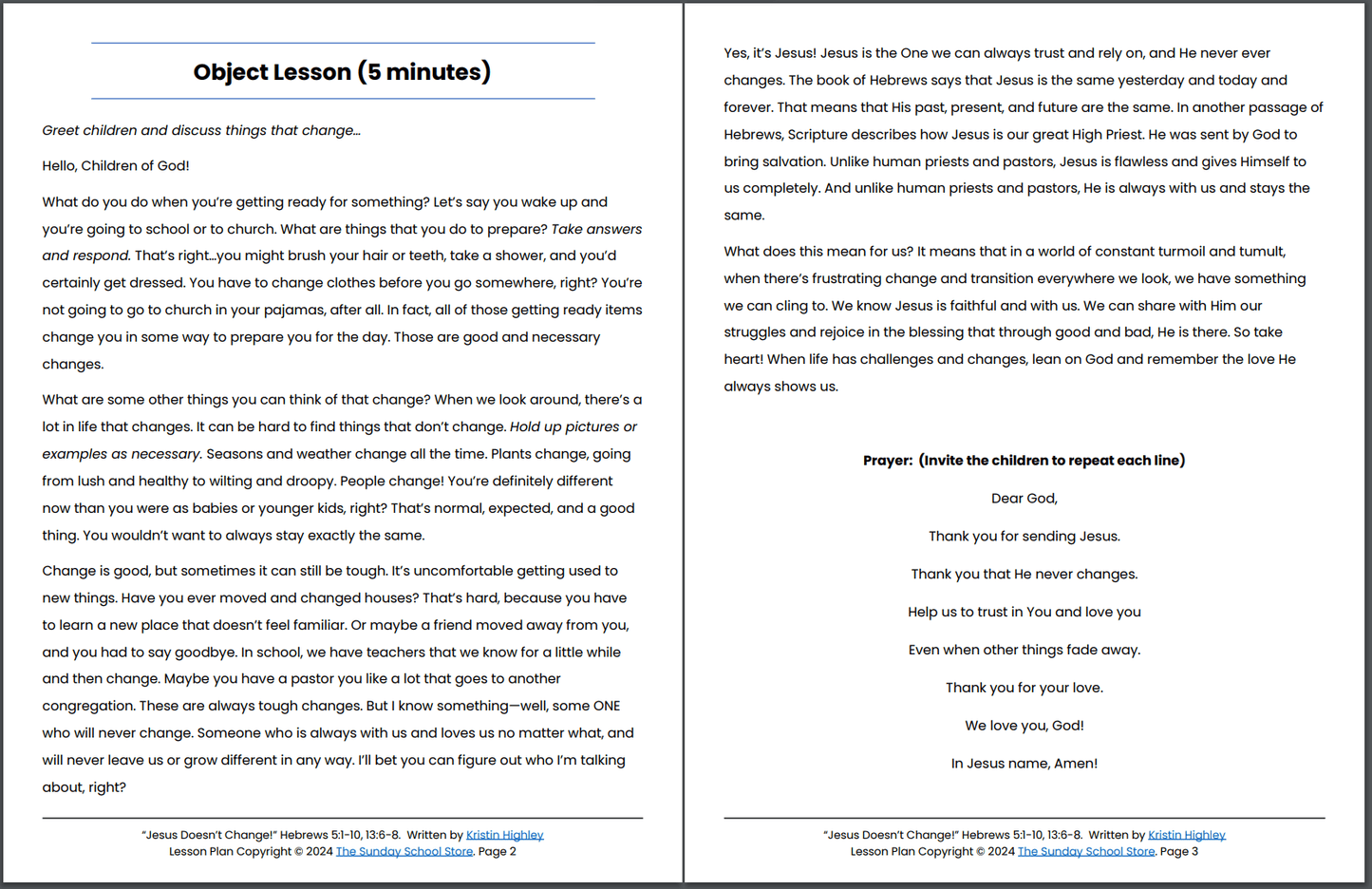 Jesus Doesn't Change! (Hebrews 5:1-10, 13:6-8) Printable Bible Lesson & Sunday School Activities PDF