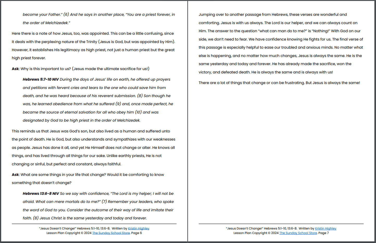 Jesus Doesn't Change! (Hebrews 5:1-10, 13:6-8) Printable Bible Lesson & Sunday School Activities PDF