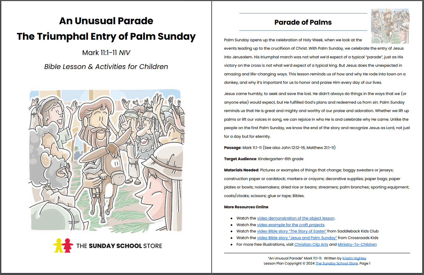 Triumphal Entry of Palm Sunday (Mark 11:1-11) Printable Bible Lesson & Sunday School Activities PDF