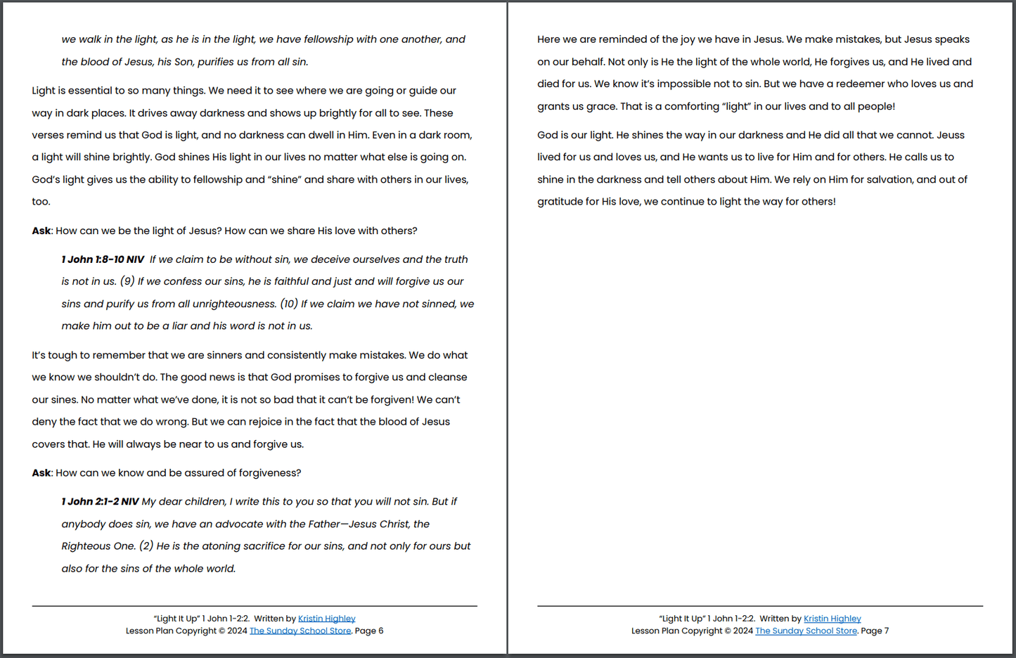 The Light of Christ (John 1:1 - 2:2) Printable Bible Lesson & Sunday School Activities PDF