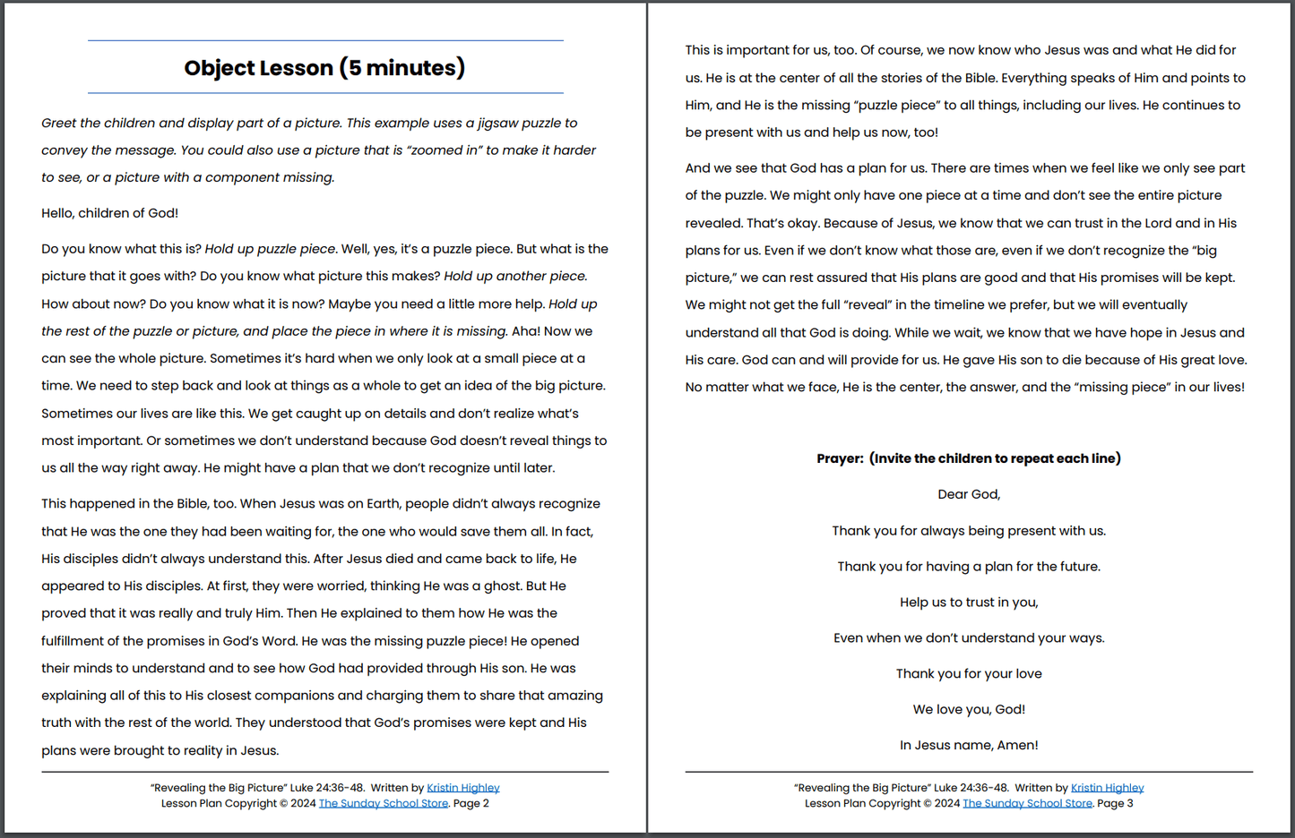 Jesus Appears to the Disciples (Luke 24:36-48) Kids' Bible Lesson & Sunday School Activities PDF