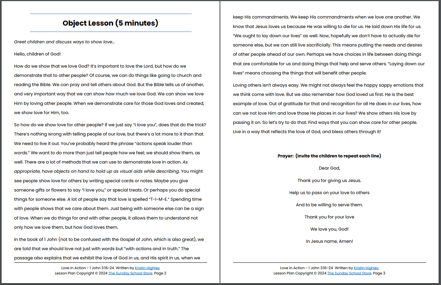 Love in Action (1 John 3:16-24) Kids' Bible Lesson & Sunday School Activities PDF