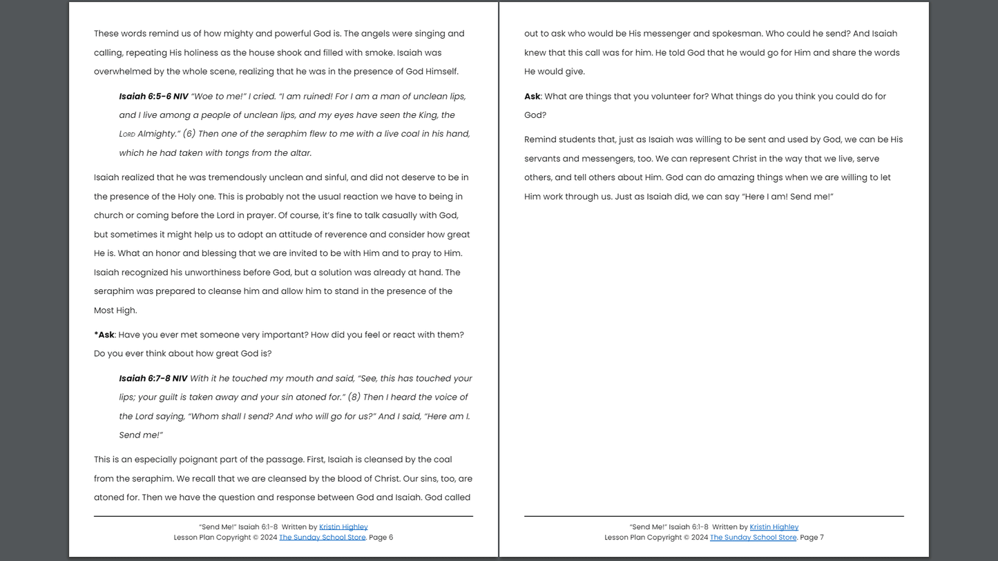 Send Me (Isaiah 6:1-8) Sunday School Lesson & Activities for Kids PDF