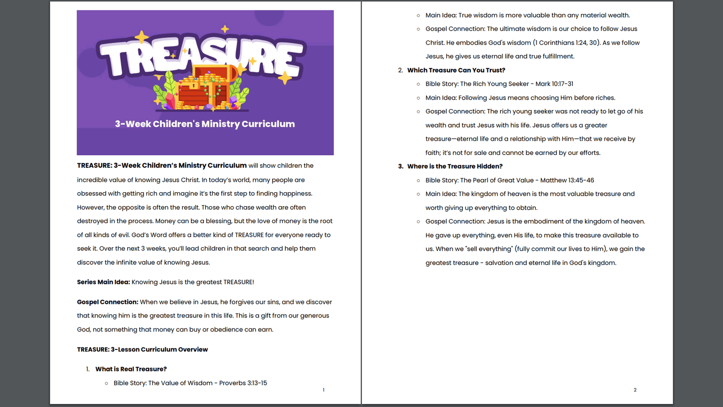 Treasure: 3-Lesson Sunday School Curriculum for Children's Ministry